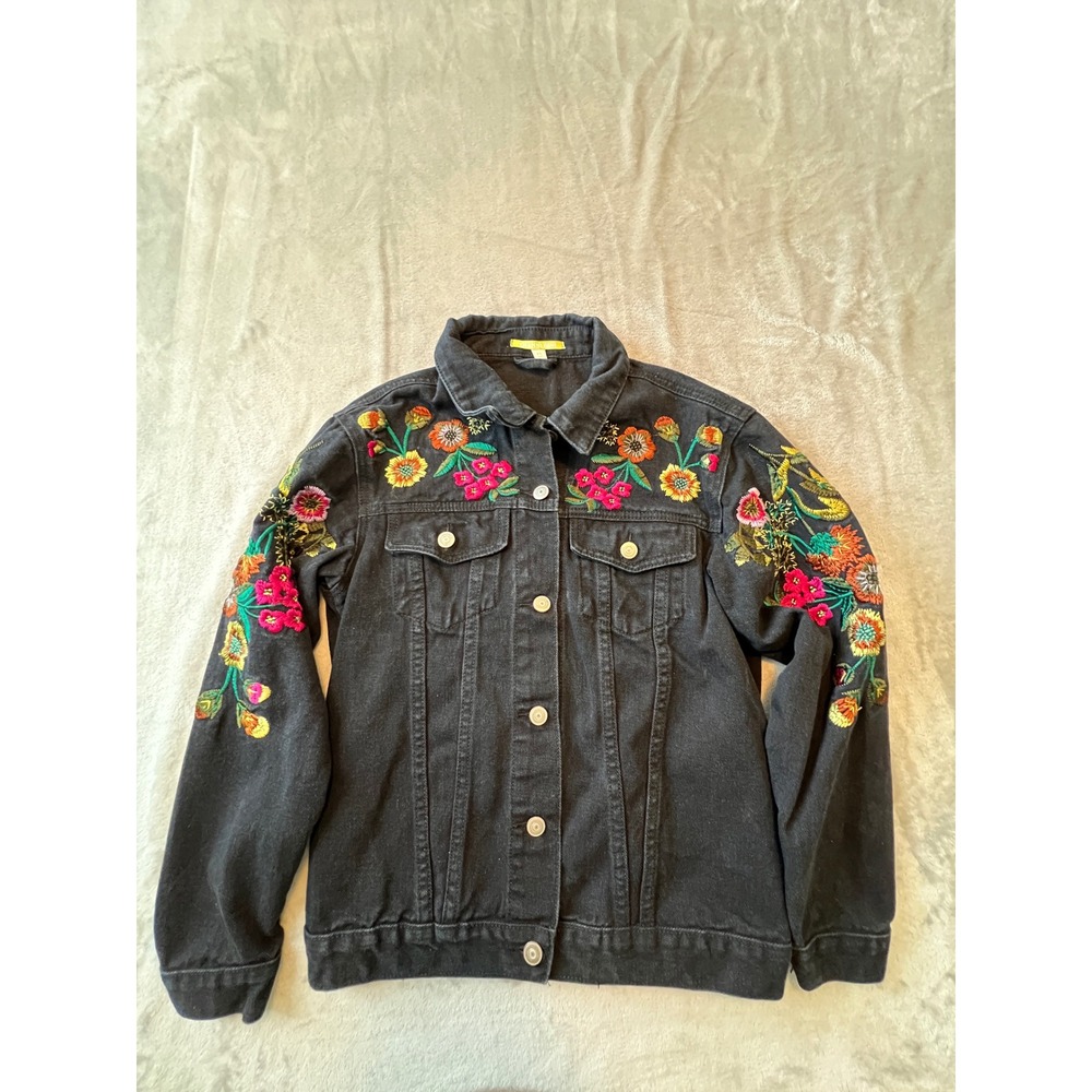 Gianni Bini Denim Jacket Womens XS Black Floral Embroidered
